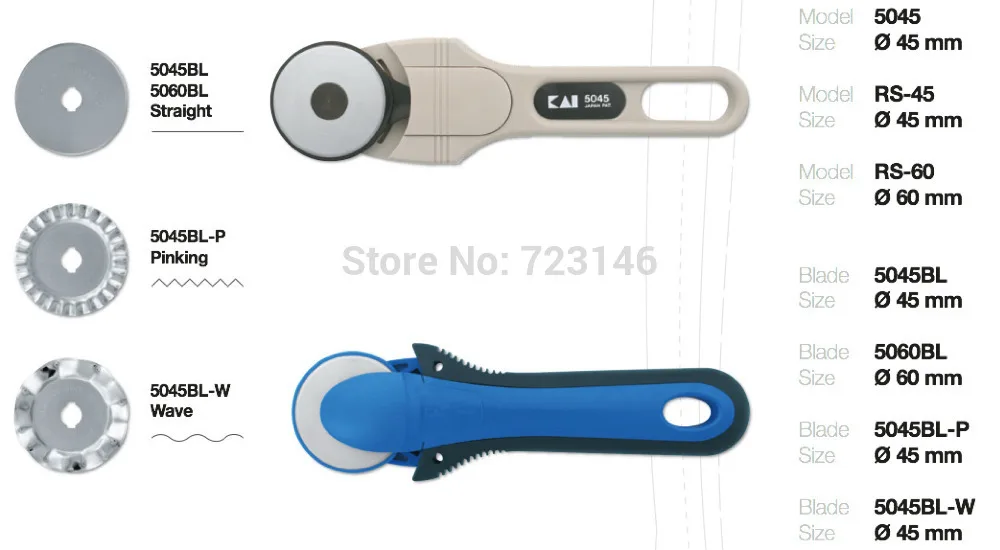 Kai N5045 45mm Rotary Cutter 5045 Soft Comfort Hand Grip Special Finger Grips For Right Left hand Use Pressure Sensitive Blade