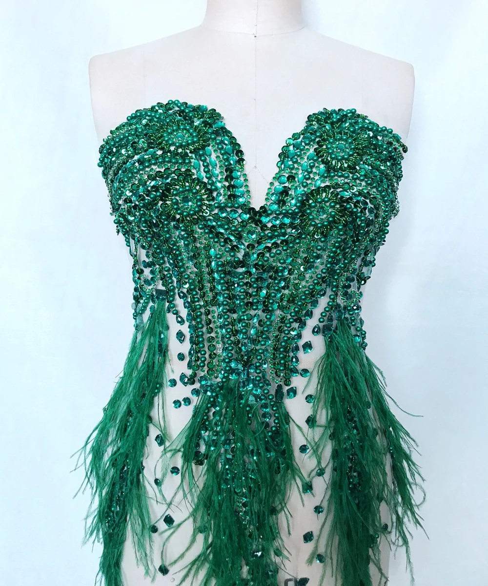 13 colour hand made sew on bodice Rhinestones  applique on mesh trim with  feather 64*35cm for dress  front and back