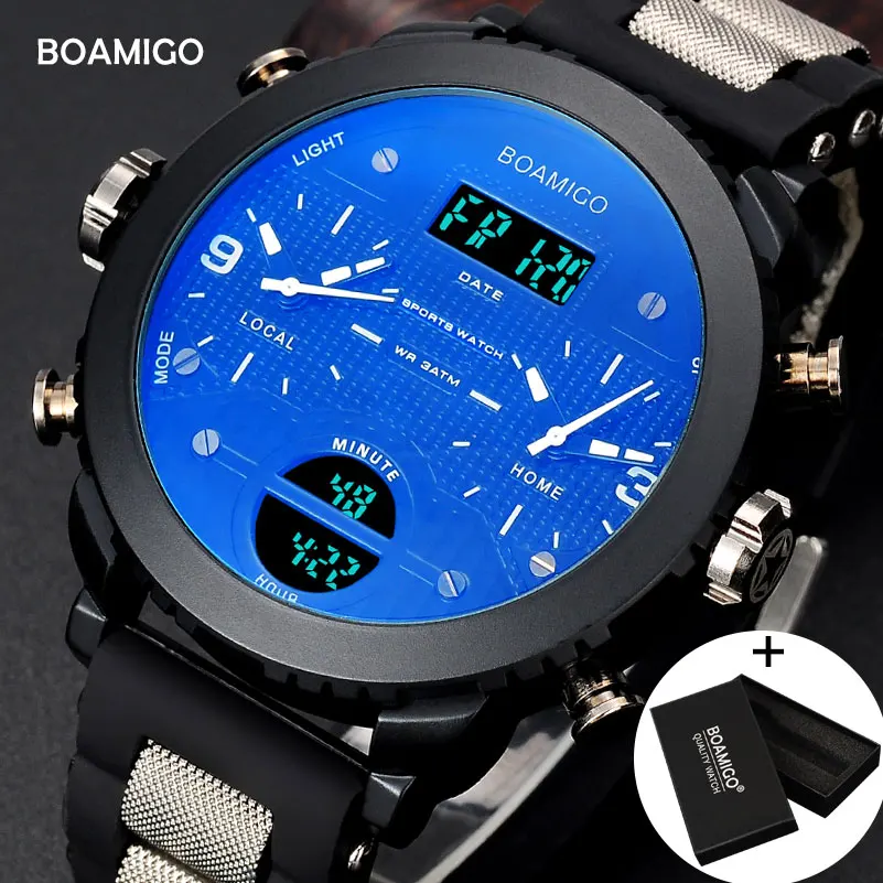 men watches BOAMIGO brand 3 time zone military sports watches male LED digital quartz wristwatches gift box relogio masculino