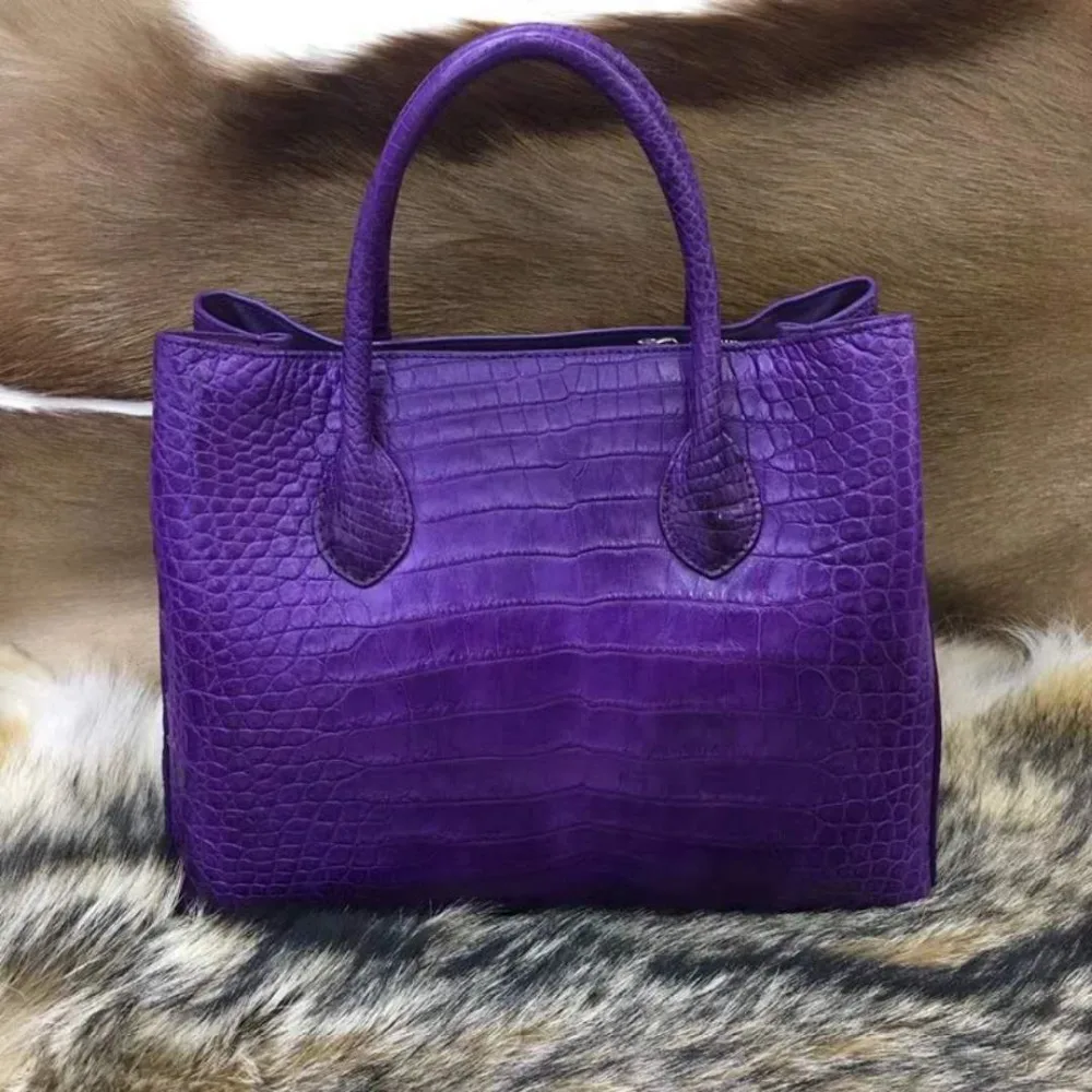 100% genuine real crocodile leather belly skin women tote handbag purple color matt luxury quality crocodile skin handbag