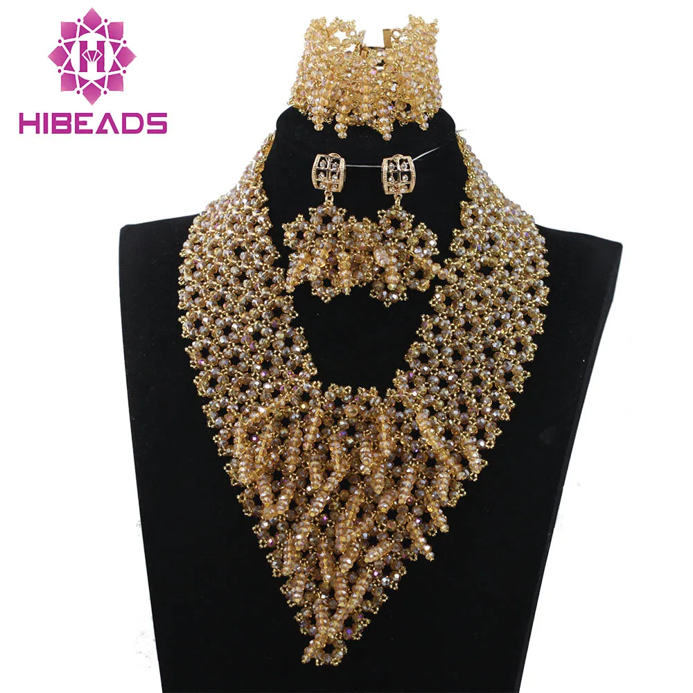 New 2024 Chunky Necklace Set Luxury Champagne Gold African Wedding Beads Jewelry Set Indian Bridal Crystal Free Shipping ABH247