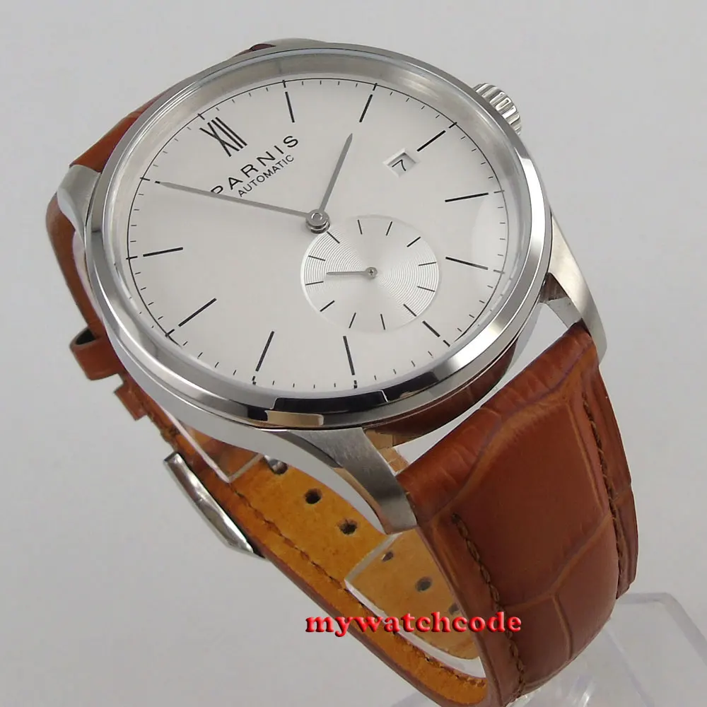 Famous Brand 42mm Parnis White Dial Date Window ST1731 Automatic Mens Watch Leather Strap Clear Case Back Simply Style