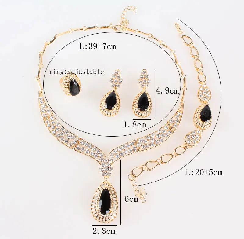 Women Fashion Jewelry Set Necklace Earrings Bracelet Ring Water Drop Crystal Rhinestone 3 color Gem Party Jewelry Sets For Women