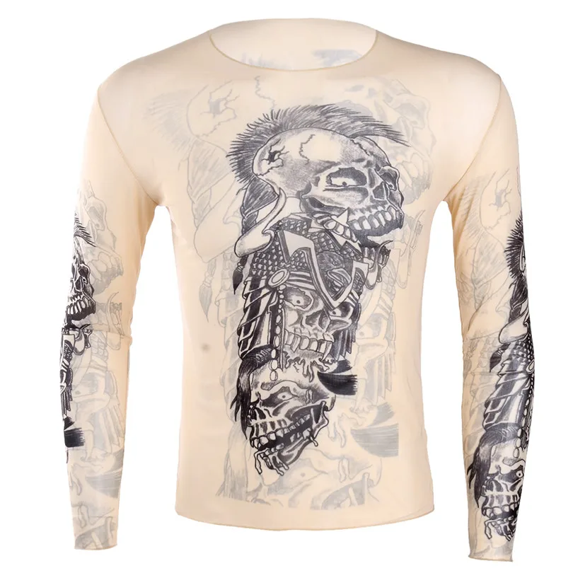 TiaoBug Soft O-Neck See Through Long Sleeve Fake Tattoo Design Elastic Sexy Men T-Shirt Male Fancy Party Costume