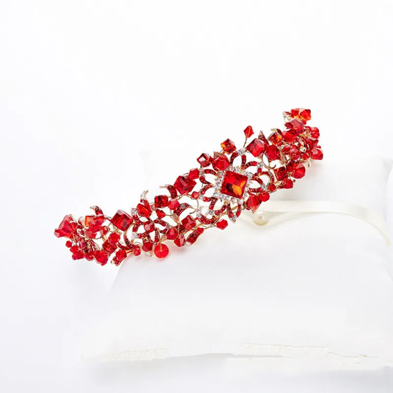 Vintage Red Square Crystal Bridal Tiaras Headband Wedding Hair Accessories Rhinestone Pageant Prom Crown for Bride