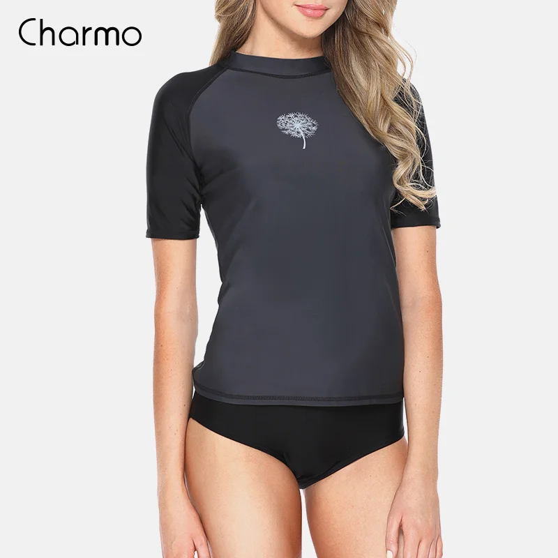 Charmo kobiety z długim rękawem zamek błyskawiczny z przodu Rashguard koszula strój kąpielowy Patchwork stroje kąpielowe Surfing Top koszula