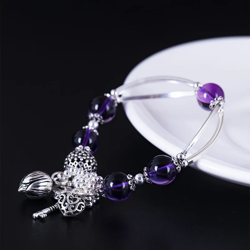 Amxiu DIY 925 Sterling Silver Bracelet Natural Purple Crystals Beads Bracelets Handmade Heart Lock Key Bracelet Charm Bangles