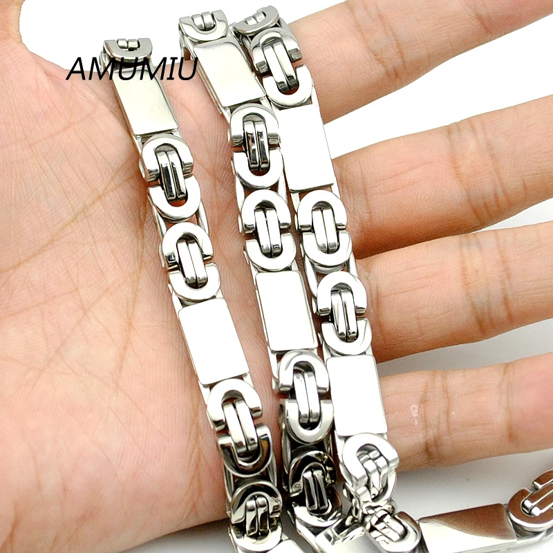 AMUMIU Mens Chain Stainless Steel Necklace Bracelet Sets Flat Byzantine Fashion Necklaces for Women Punk HZTZ057