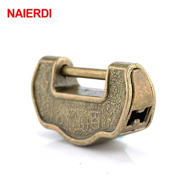 NAIERDI 34*20mm Chinese Vintage Antique style Lock Zinc Alloy Bronze padlock Jewelry Chest Box Padlock Wooden Suitcase Drawer