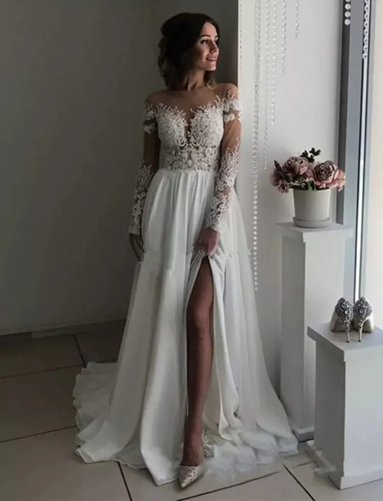 Sexy mangas compridas vestidos de casamento sheer neck ilusão apliques chiffon fenda boho vestidos de noiva praia vestidos de casamento com divisão