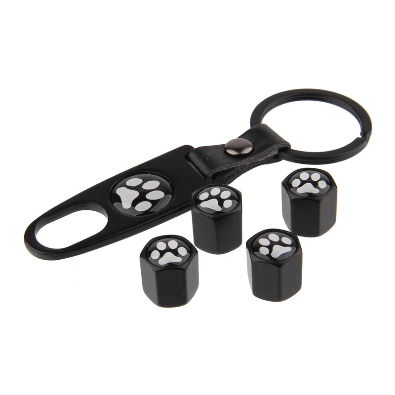 HAUSNN Cute Dog Paw Black/Silver Car Tyre Valve Caps Tire Air Dust Stem Covers With Keychain For Benz BMW VW Mitsubishi Suzuki