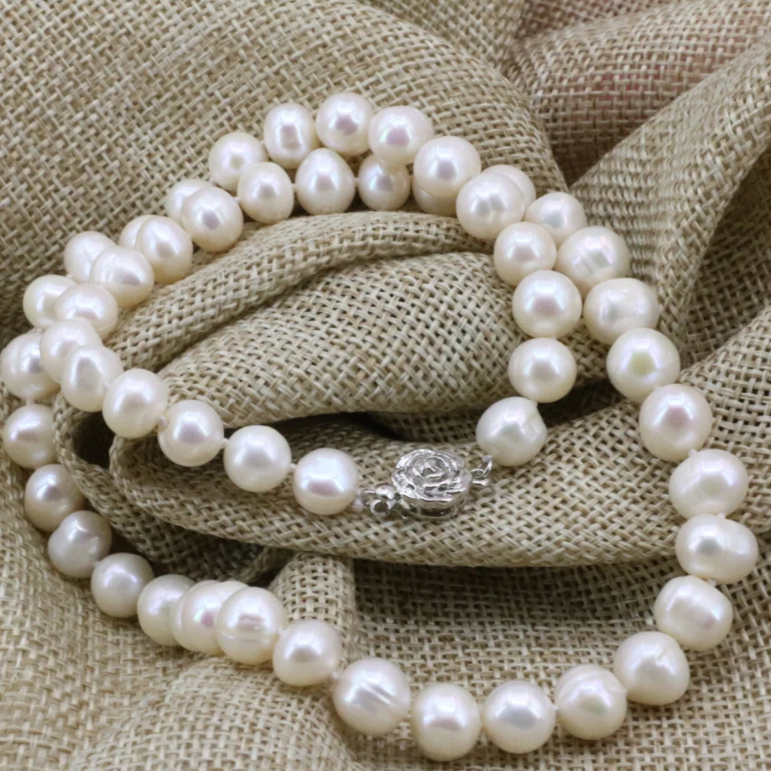 Charms chain necklace women mother gifts white natural 8-9mm freshwater cultured pearl beads choker collar jewelry 18inch B3235