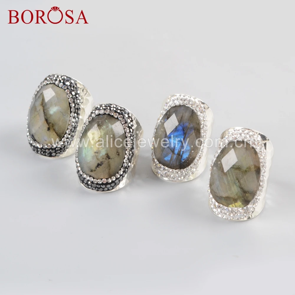 

BOROSA 6PCS Silver Color Natural Labradorite Faceted Stone Druzy Ring Crystal Paved Black/White Zircons Jewelry for Women JAB945