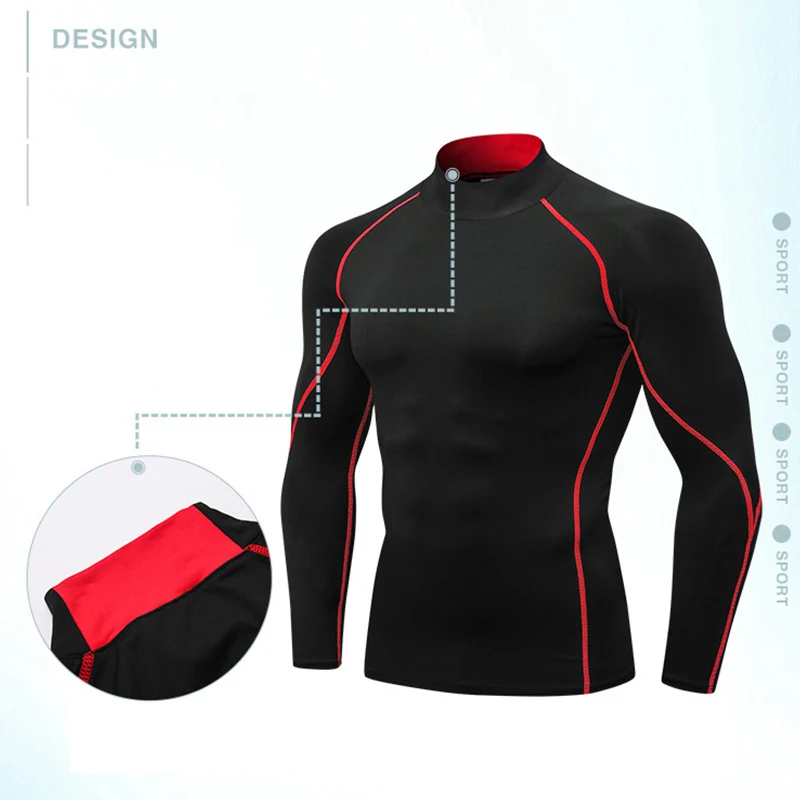 Stand Collar Quick Dry Men Running Shirts Compression Long Sleeve Rashguard Gym T Shirt Sport Training Crossfit Fitness Tops