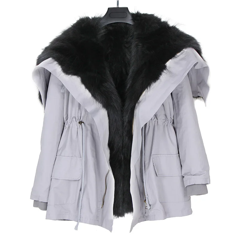 Maomaokong natural rabbit fur lined park black fashion raccoon fur jacket coat natural fox fur coat