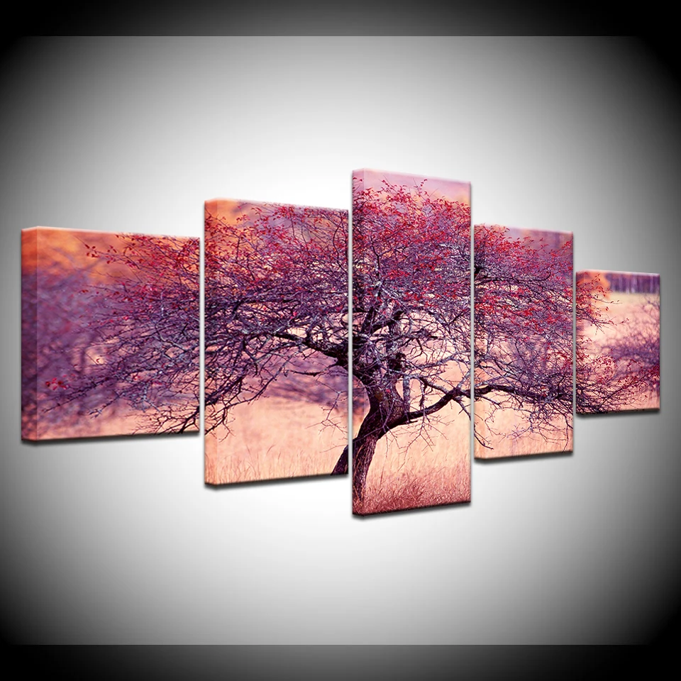 

5 Panel/pieces HD Print Purple happiness rich tree luck Print On Canvas Art Painting For home living room decoration
