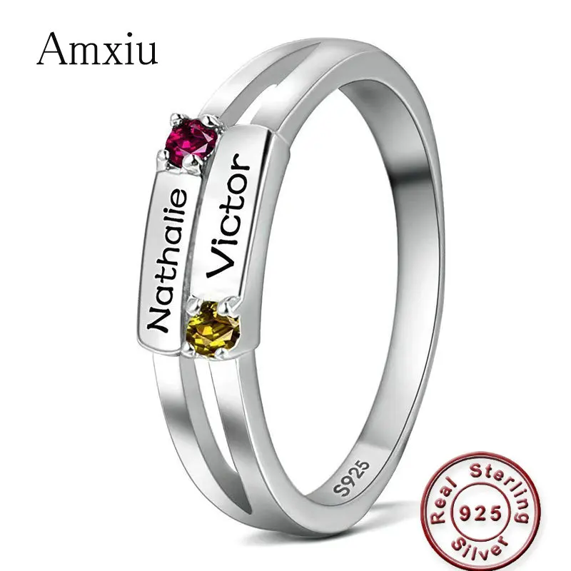 

Amxiu Romantic Customized Two Names 925 Sterling Silver Rings with Personalized Birthstone Lovers Mother's Rings Surprise Gift