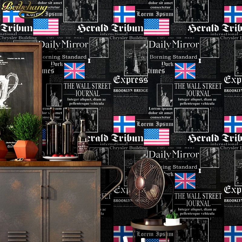 

beibehang English alphabet retro nostalgic fashion shop decoration clothing store study old newspaper wallpaper papel de parede