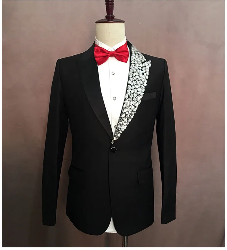 Star Singer Stage Outfit Men's Suit Blazers Black Crystal Spring Autumn Wedding Prom Nightclub Host Performance Costume