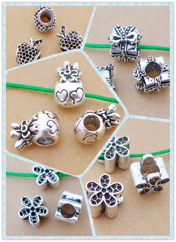 alloy antique silver big hole bead  pineapple bow flower charm diy free shipping 50pcs/lot 5styles top quality