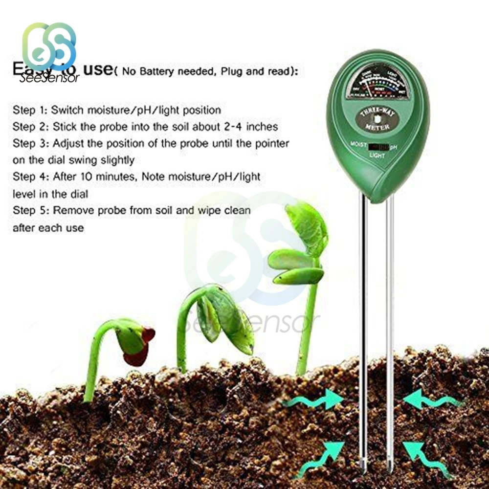 3 in 1 umidità dell'acqua del suolo PH Meter acidità umidità luce solare piante da giardino fiori umido Tester strumento di prova strumento