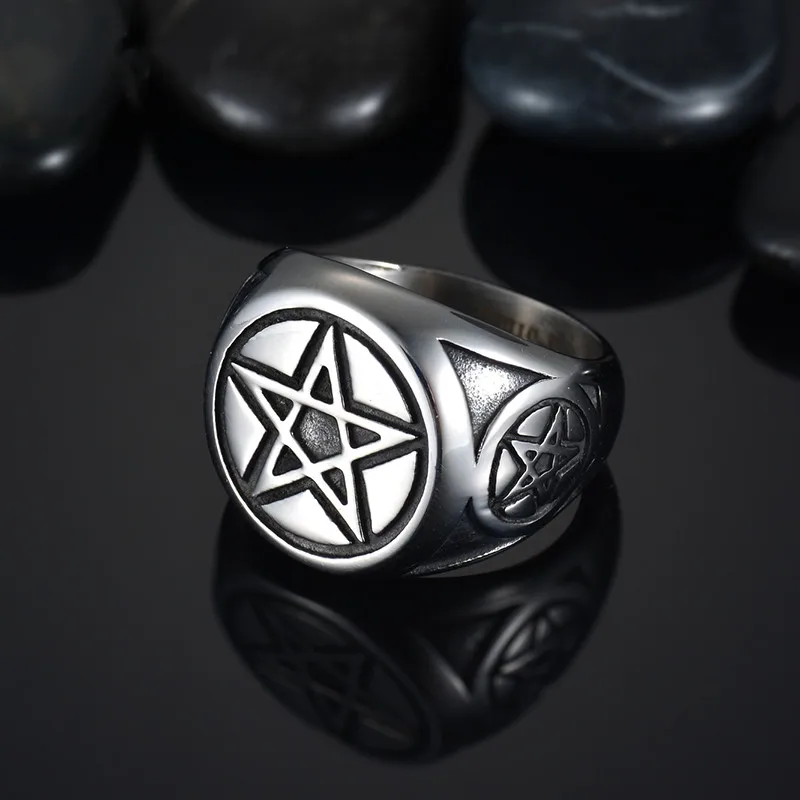 Pentagram Star Circle Mens Black Silver Color 316L Stainless Steel Ring Wholesale Jewelry