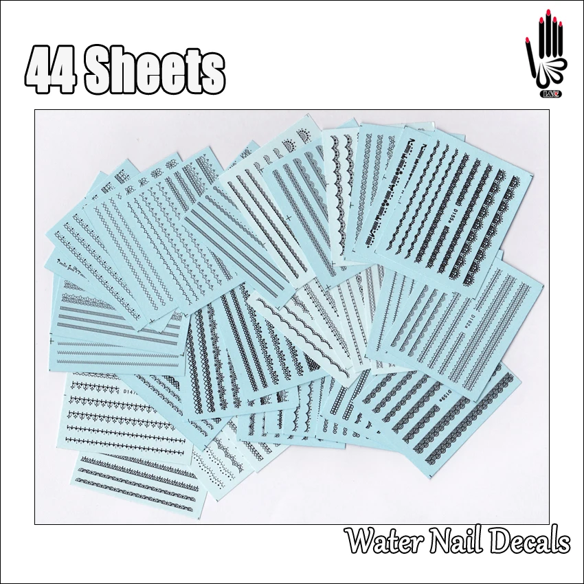 Nagel 44 Blätter/Lot Mixed 44 Verschiedene Schwarz Spitze Wasser Nail art Aufkleber Aufkleber Für DIY Nagel Kunst Dekoration 44 Designs 44-13