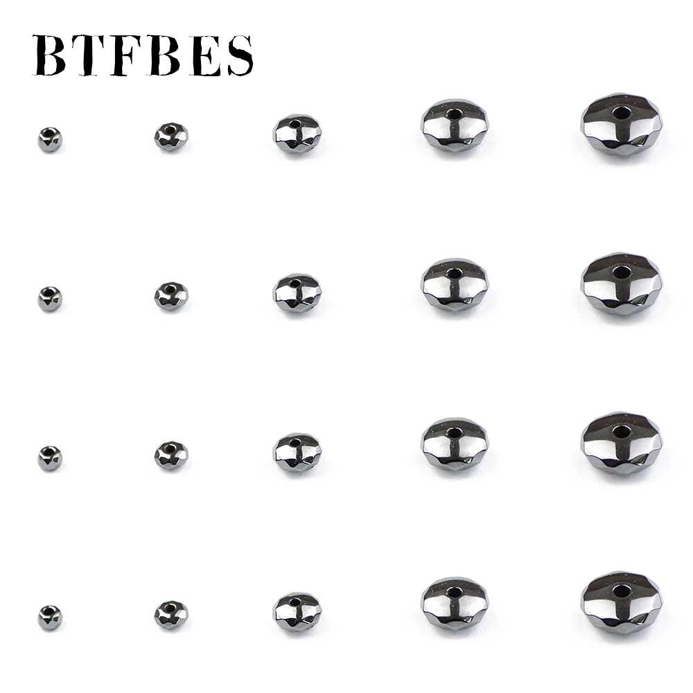 BTFBES Faceted Hematite Flat Round Loose Beads Natural Black Stone Ball Selectable 3/4/6/8/10MM Beads For Jewelry Bracelet DIY