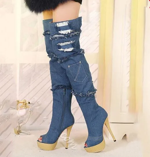 Peep-toe denim thigh high boots hole jeans tassels platform boots super high heels blue over the knee boots size 35-42