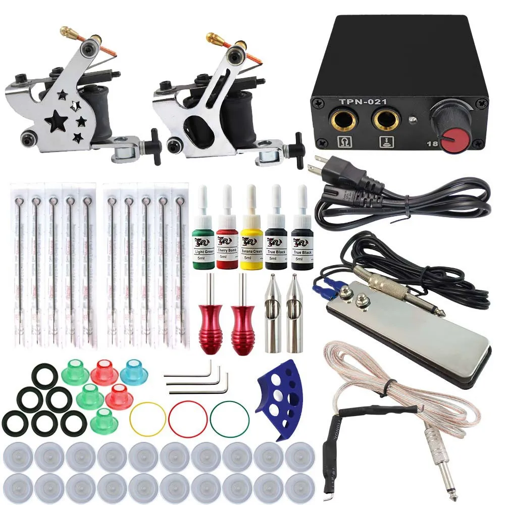 Compleet Tattoo Machine Kit Set 2 Coils Guns Power Tattoo Beginner Grips Kits Permanente Make-Up Starter Tattoo Kit