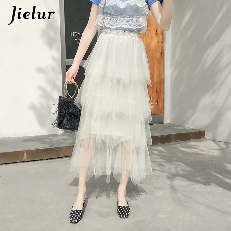 

Jielur Mesh Pleated Skirts Summer 2021 Women Long Jupe Tulle Solid Color Skirts Summer Elegant Lady High Waist A-line Tutu Saia