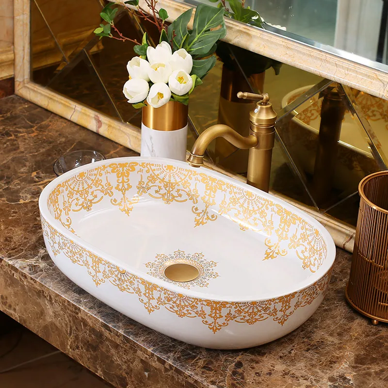 Oval Luxurious Golden pattern Ceramic Art Basin Sinks Counter Top Wash Basin Bathroom Vessel Sinks vanities china washing basin