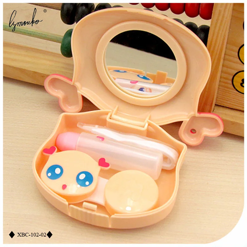 Lymouko Cartoon Smile Beautiful Girl with Mirror Contact Lens Case for Women Kit Holder Eye Care Contact Lenses Box