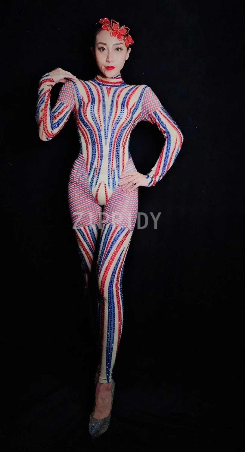 Birthday Bar Dance Clothes Nightclub Dance Female Singer Show Bright Bodysuit Bright Blue Red Rhinestones Mesh Jumpsuit Women