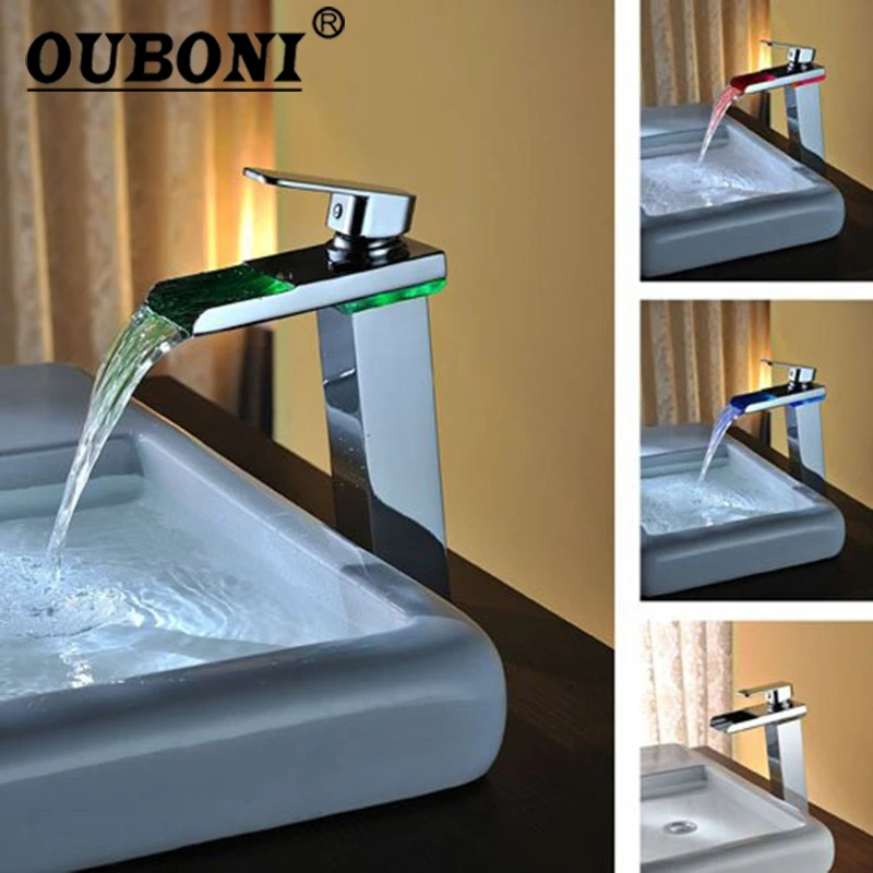 

OUBONI NEW Bathroom Basin Faucet Chrome Brass Mixer Tap LED Waterfall Spout Soild Brass Polish Water Basin Mixer Tap