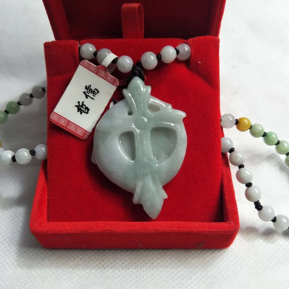 Zhe Ru Jewelry Pure Natural Jadeite Light Green Blessing Cross Pendant Tricolor Jade Bead Necklace A Class A Certificate