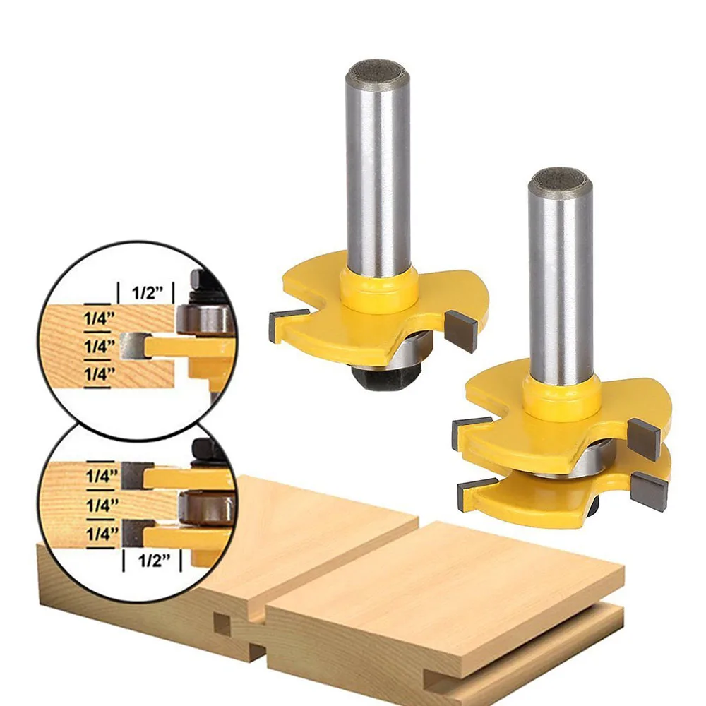 Tongue and Groove Router Bit Set, Wood Door Flooring 3 Teeth Adjustable, 1/2 1/4 Shank T Shape Milling Cutter Woodworking Tool