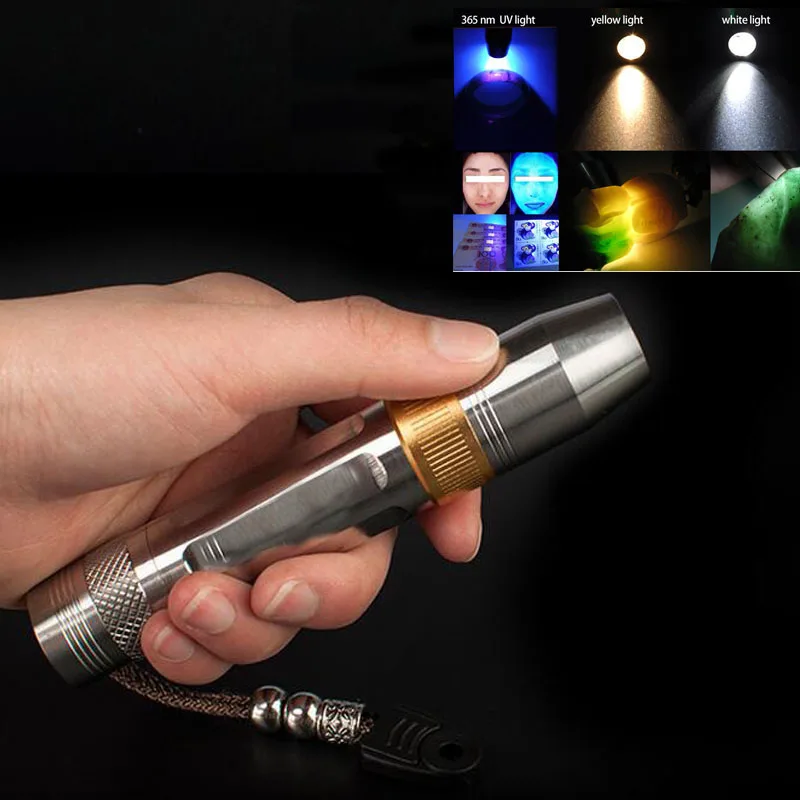 3 in 1 LED Flashlight flash light Torch lamp White Yellow UV 365nm jewelry stone jade money detection blacklight  18650 battery