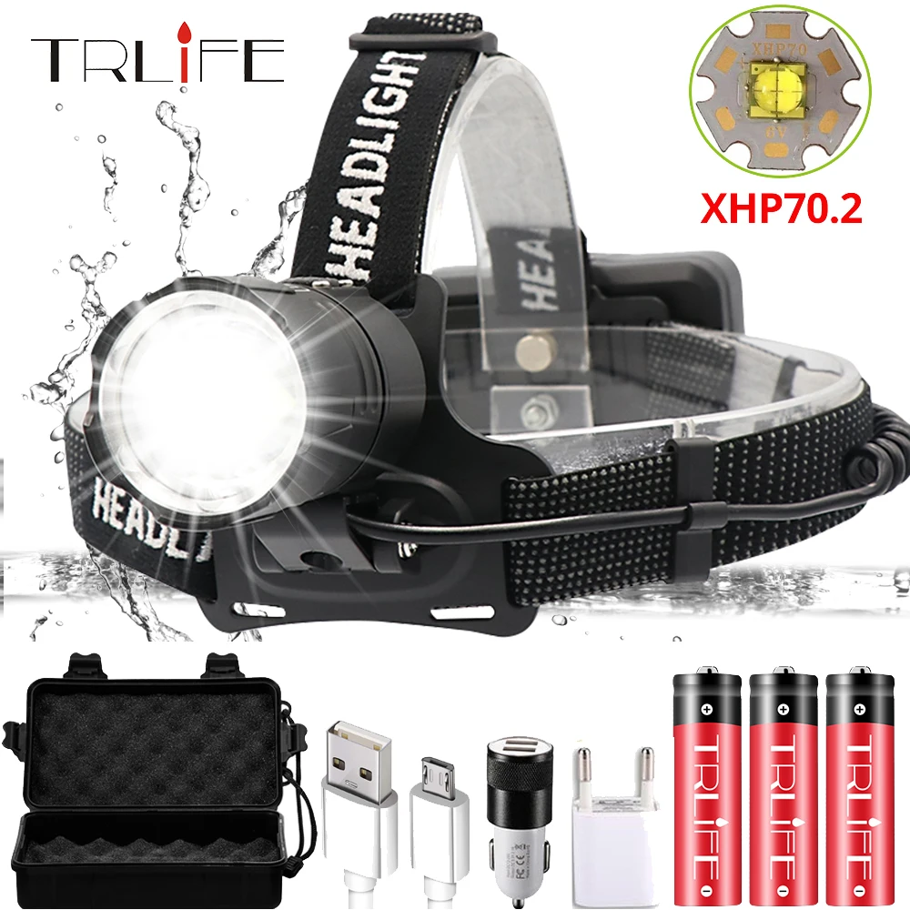 Lampe frontale XHP70.2 avec fonction zoom, alimentée par 3 batteries 18650 rechargeables par USB, la plus puissante lampe-torche du marché, idéale