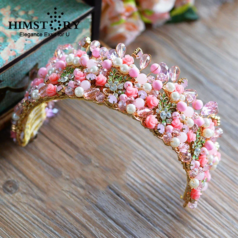 Himstory Sweety Pink Flower Tiara Handmade Ceramic Pearl Brides Crown Evening Dress Hair Accessories