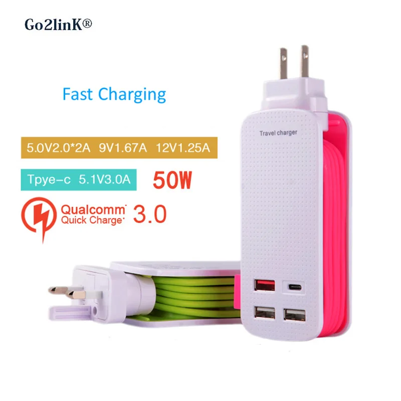 Fast Charge QC 3.0 USB Wall Charger 50W 4 Ports USB Hub Station Wall Fast Charger Power Adapter 1M Strip for Smart Phone Tablet