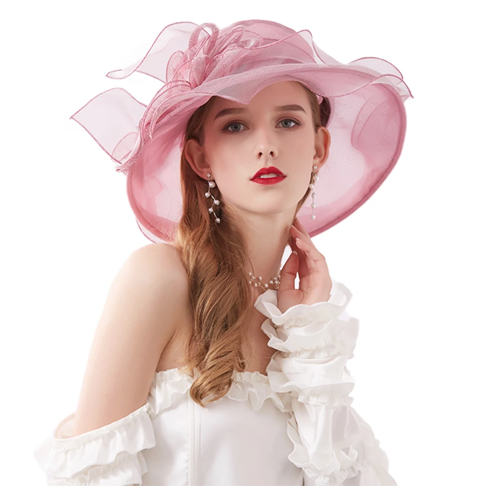 FS Summer Organza Fascinator Foldable Wedding Church Dresses Kentucky Derby Hats For Women Elegant Pink Wide Brim Sun Hat Fedora