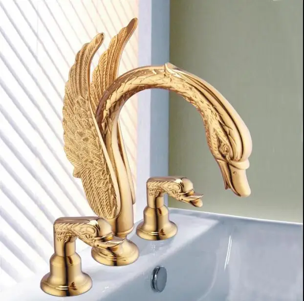 

Deck Mounted Bathroom Faucet Swan Basin Sink Mixer Tap Golden Brass 3 Holes Basin Faucet Wholesale And Retail water tap