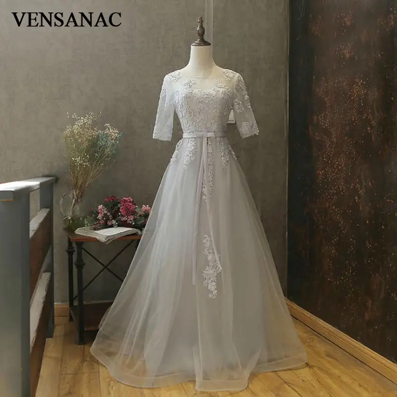 

VENSANAC 2017 New A Line Embroidery O Neck Long Evening Dresses Half Sleeve Elegant Draped Sash Party Prom Gowns