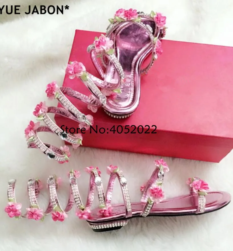 YUE JABON Summer Luxurious gladiator sandals women Flat Snake Punk Rhinestone Flower Flat Heel Women Sandals Wedding Party shoes