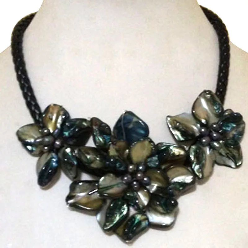 

18 inches Natural Leather Cord Three Black Shell Flower and Pearl Necklace