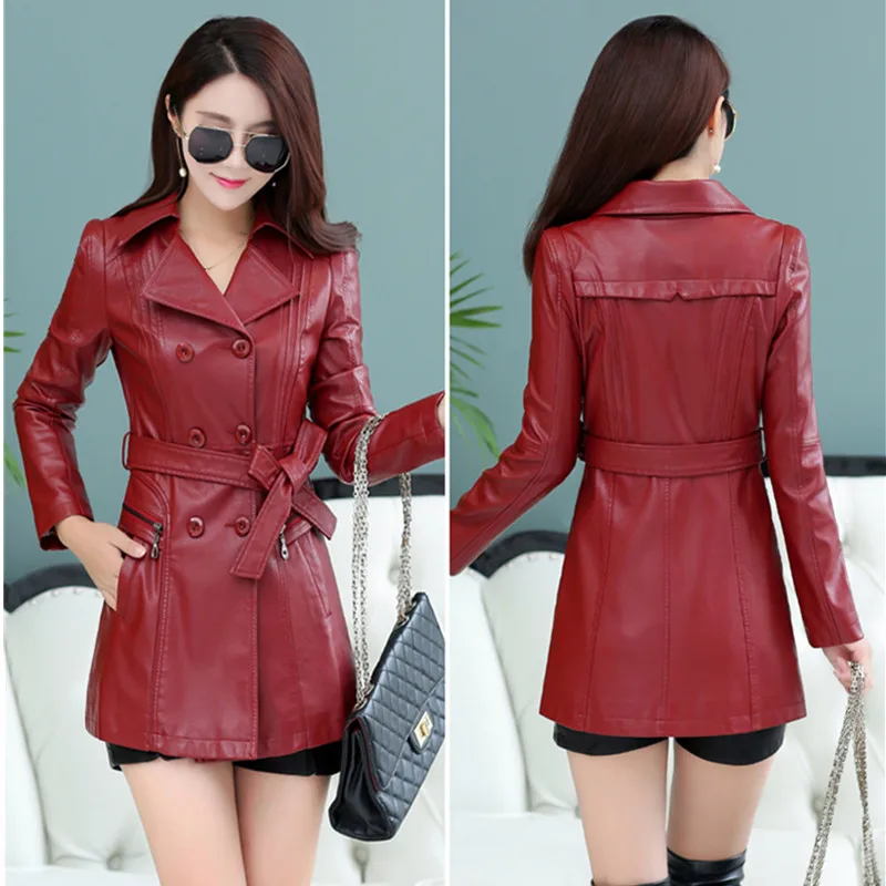 UHYTGF 4XL New Slim Womens Jacket Autumn Winter Leather Windbreaker Outerwear Female Double-Breasted Loose Size Leather Coat 958