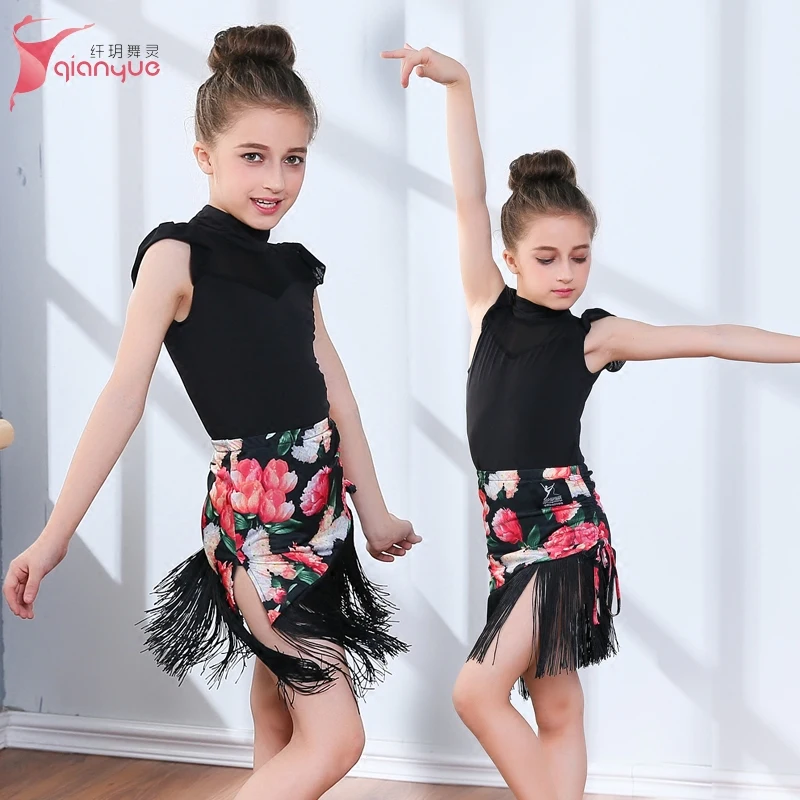 Children's Latin Dance Skirt Kids Short Sleeve Dancing Suit 2pcs Exercise Suit Girls Performance Tassels Clothes Tassels B-5623