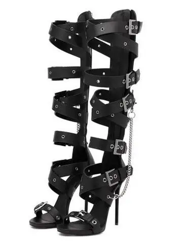 Summer Sexy Ladies Black Metal Buckle Straps Knee High Sandals Boots Stiletto High Heels Metal Chains Women Cut Out Long Boots