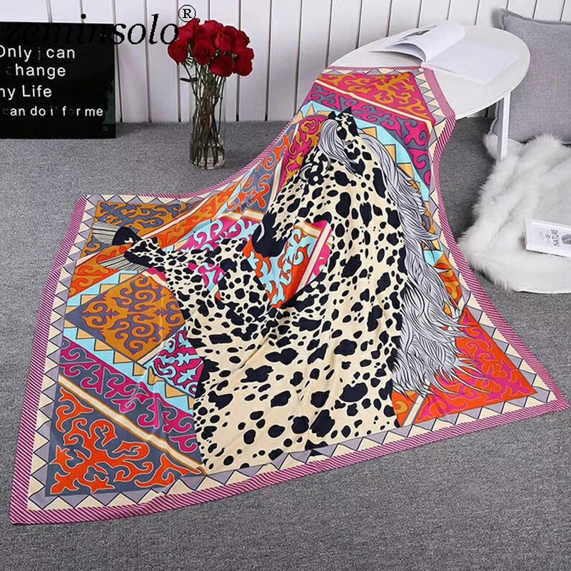 130*130cm New Luxury Brand Women 100% Twill Silk Scarf Floral Bandana Horse Print Square Scarves Wraps Fashion Hijab Headband